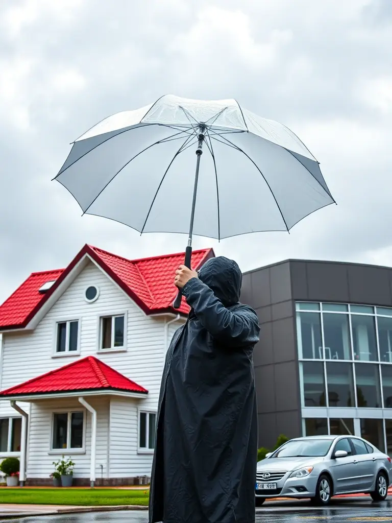 A person holding an umbrella over a house, car, and business building, symbolizing the all-encompassing protection offered by Worth Insurance.